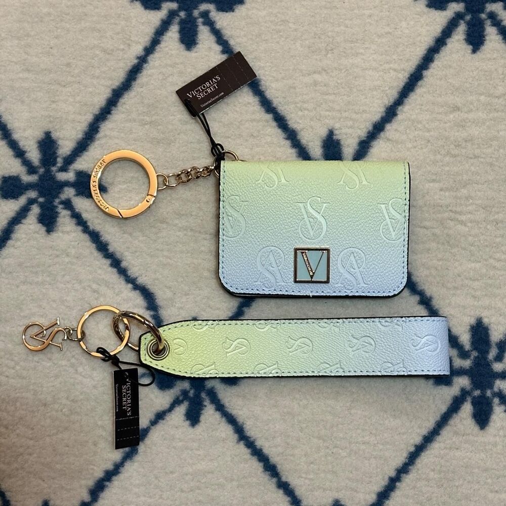 Victoria's Secret Ombré Card Case & Wristlet Strap Keychain - Blue/Green